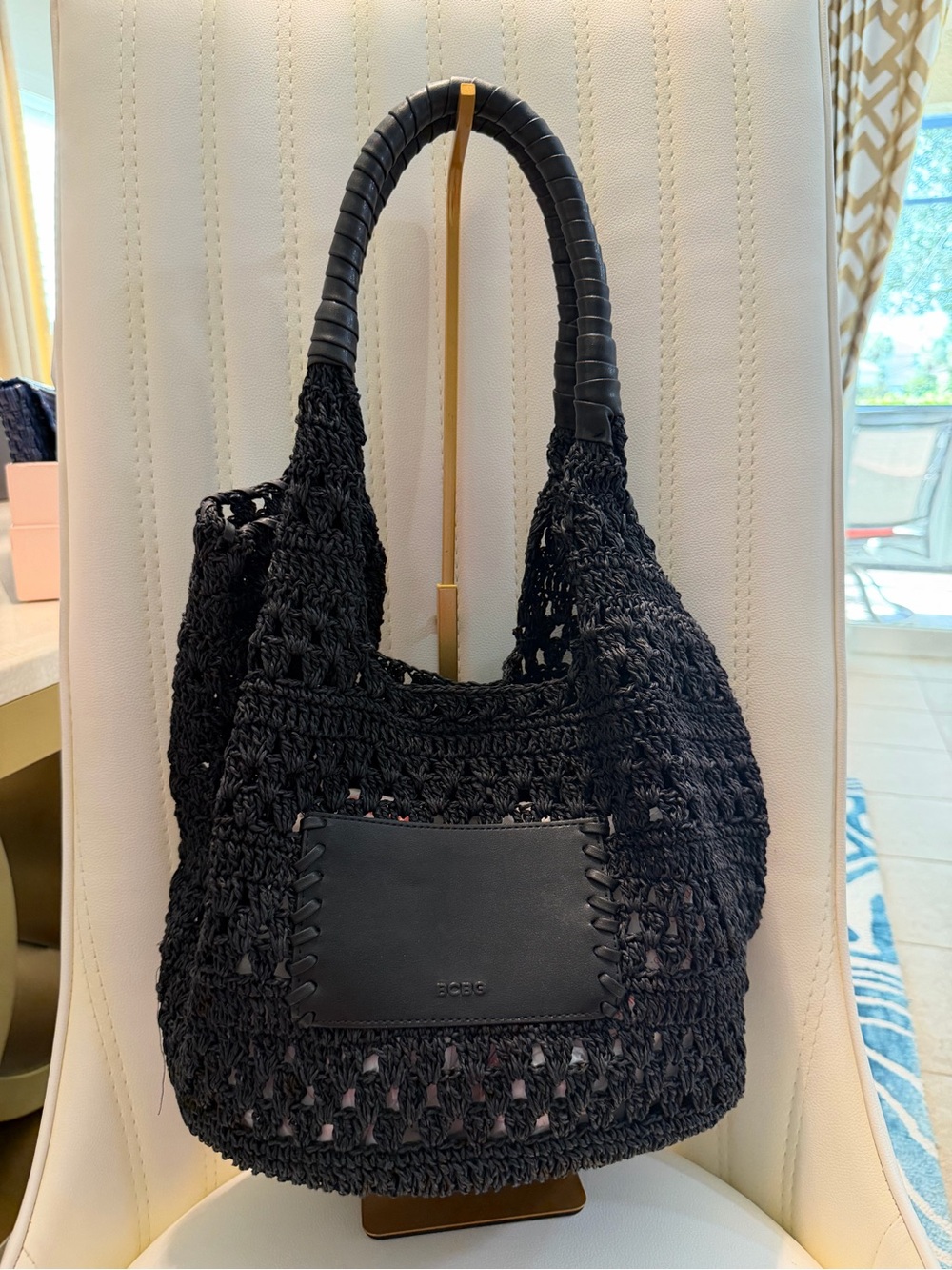 BCBG Black Crochet Shoulder Bag with Leather Patch